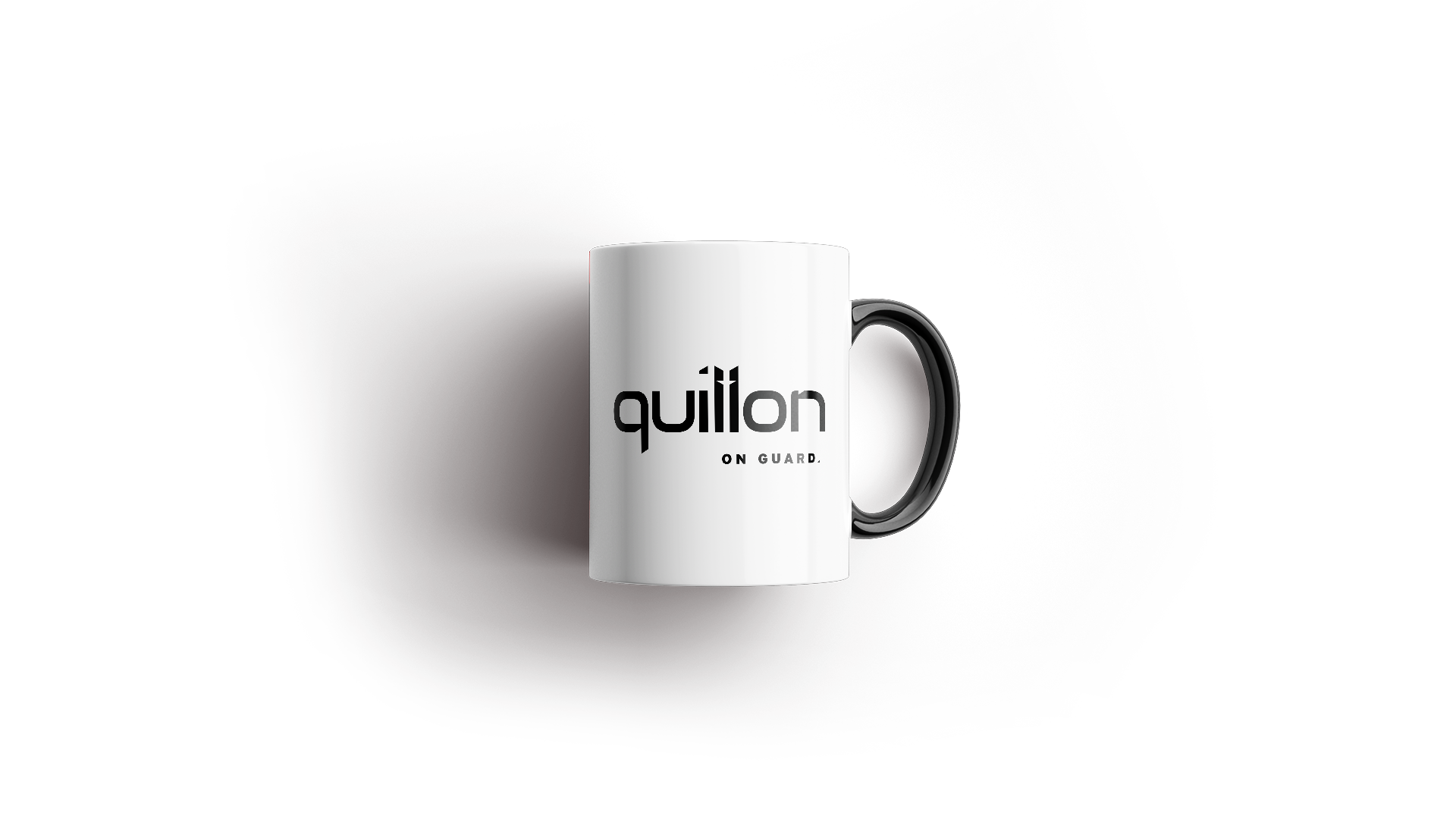 White mug with a black handle and the black Quillon logo centred.