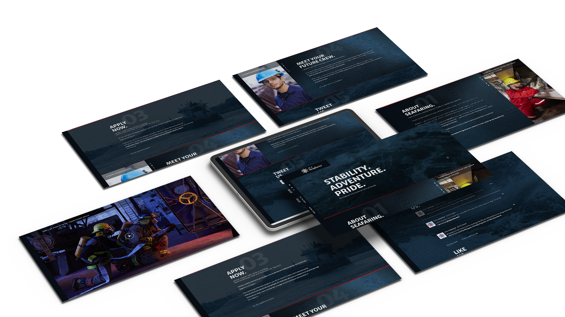 Preview of different Seafarers recruitment website pages at desktop size.