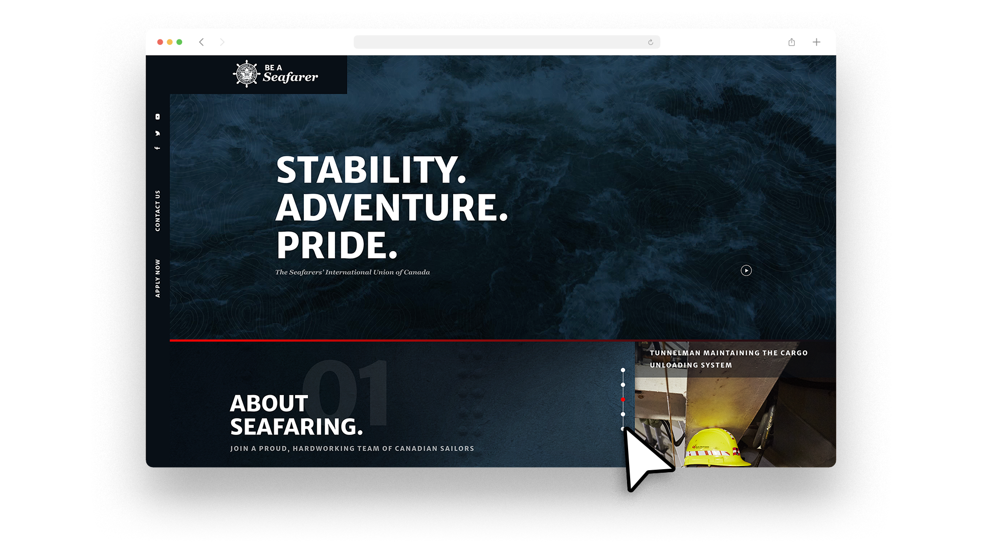 Seafarers recruitment homepage featuring bold white text over nautical image with navy blue overlay.