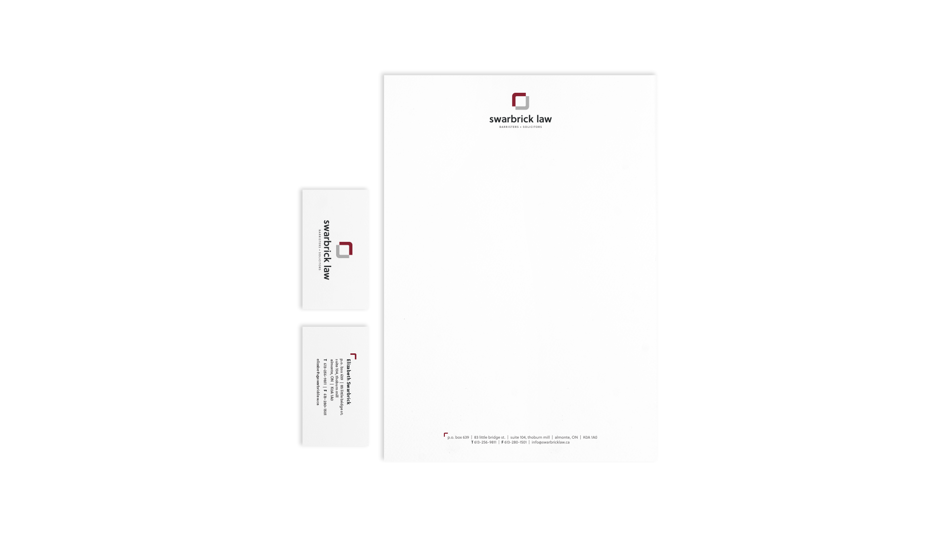 Swarbrick Law stationery: white business card and letterhead with full-colour logo and grey contact info.
