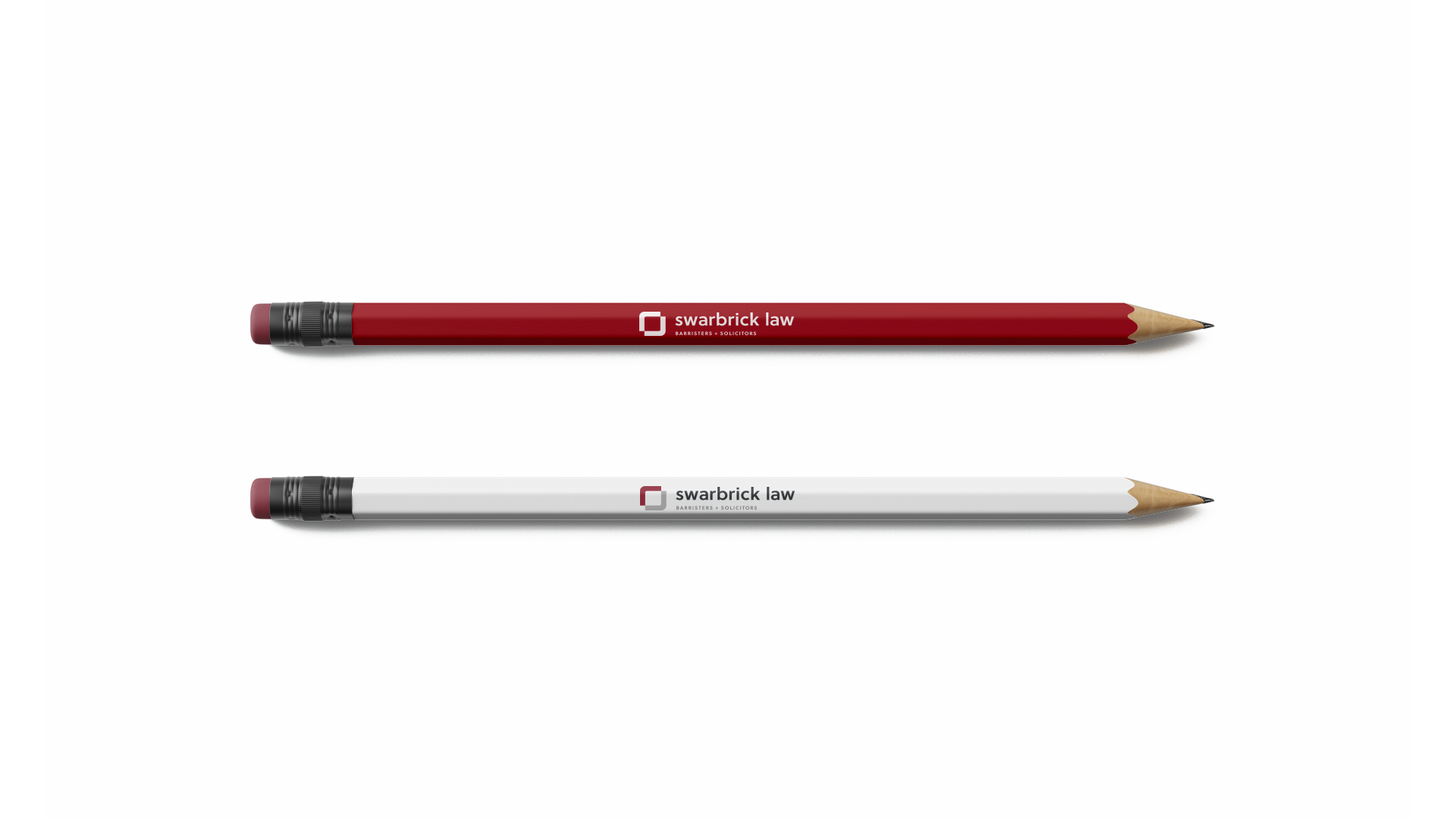 Two pencils: one burgundy with white Swarbrick Law logo, one white with full-colour logo.