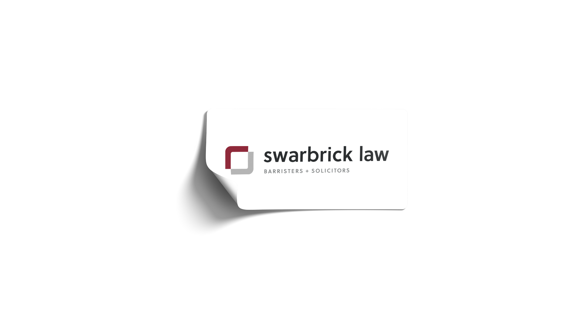 Swarbrick Law full-colour logo on white rectangular sticker with rounded corners; bottom left corner slightly peeling.