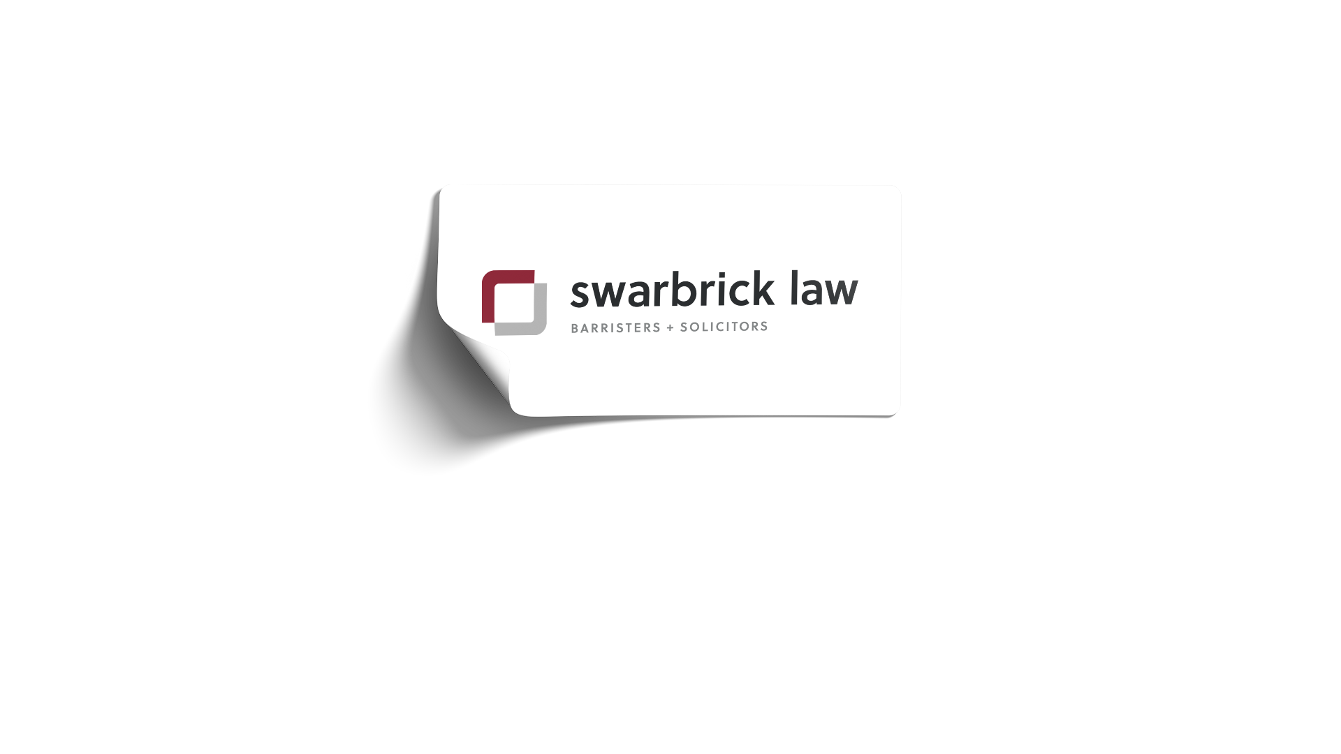Swarbrick Law full-colour logo on white rectangular sticker with rounded corners; bottom left corner slightly peeling.