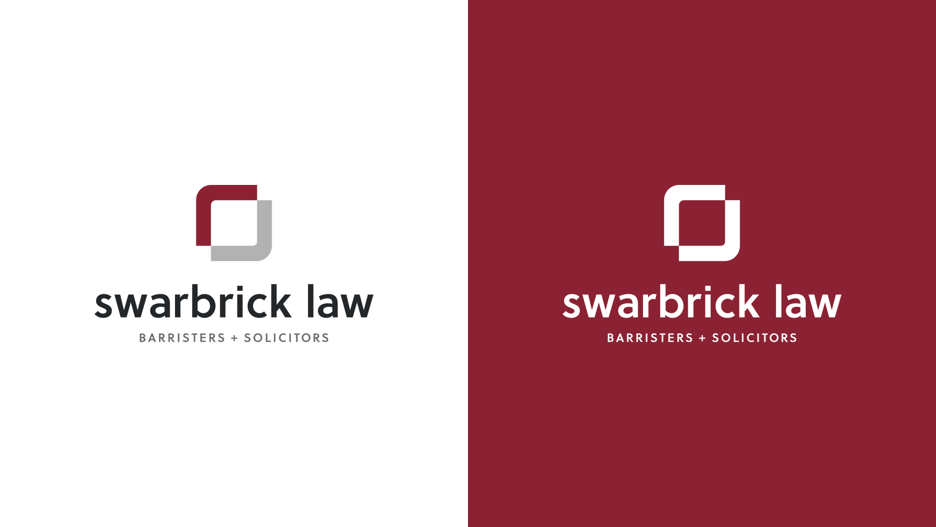 Side-by-side logos: left shows full-colour logo on white; right shows white logo on burgundy.