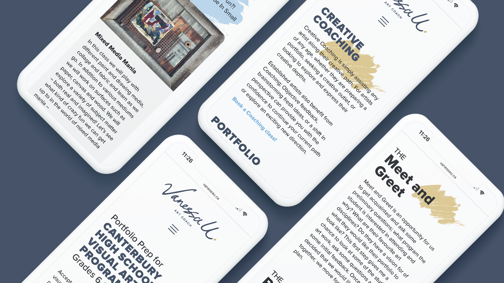 Four phone screens displaying different pages from the VanessaU website.