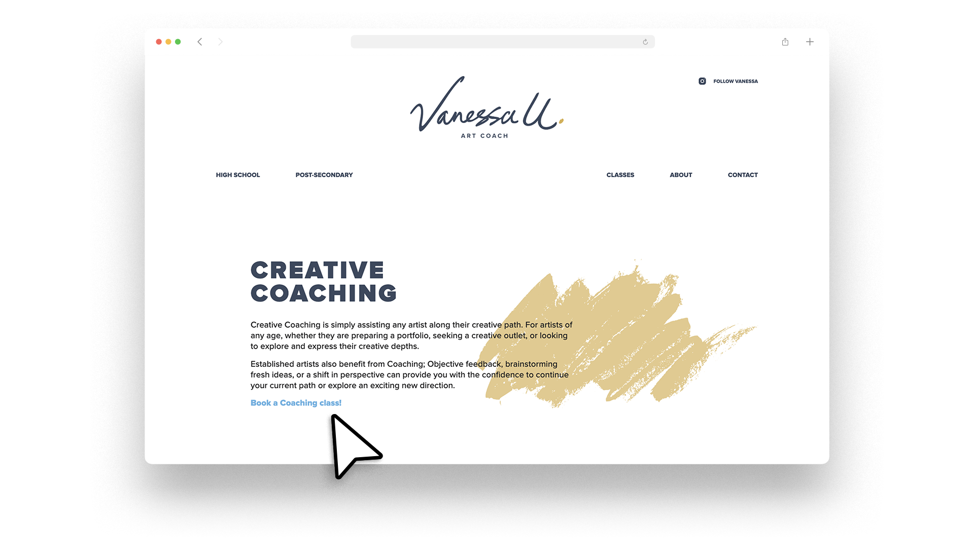 VanessaU homepage with clean white design, black text, and artistic brushstroke accents.