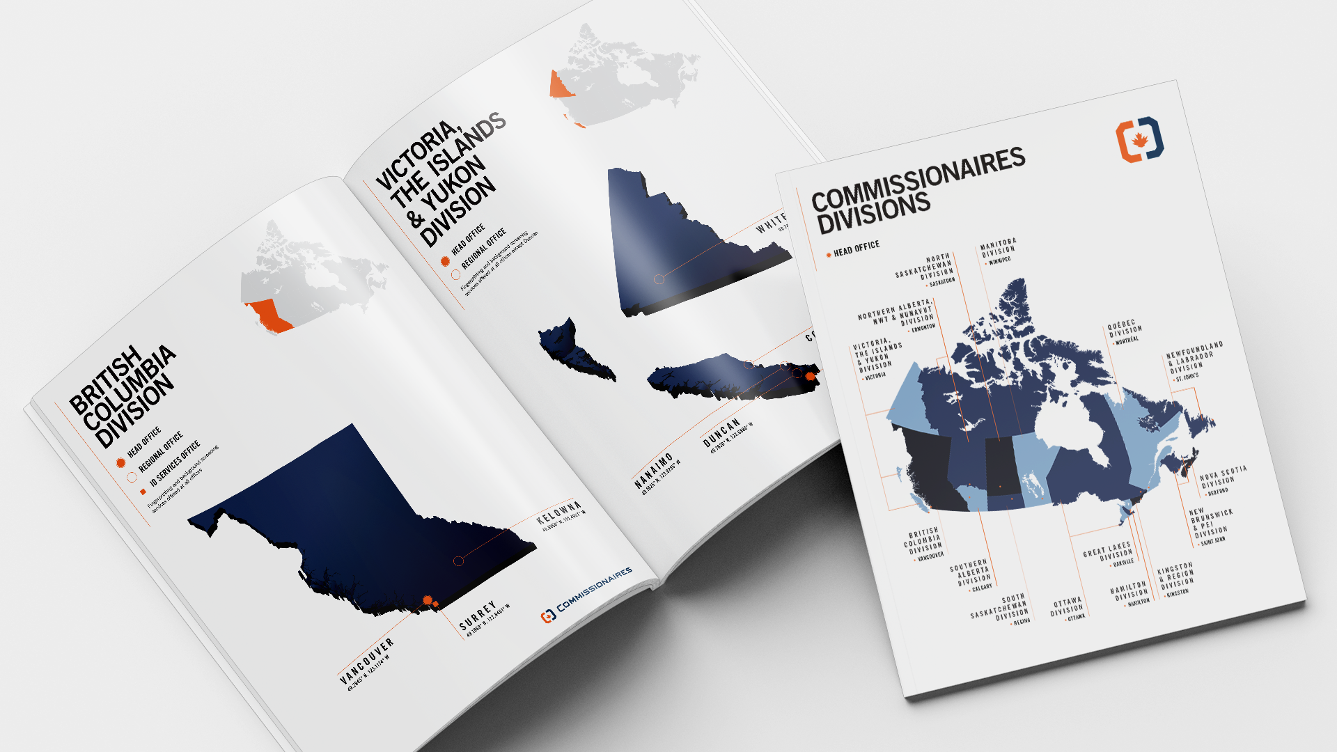 Open book spread of the BC, Victoria, the Islands, and Yukon Division with the Canada divisions map on the cover.