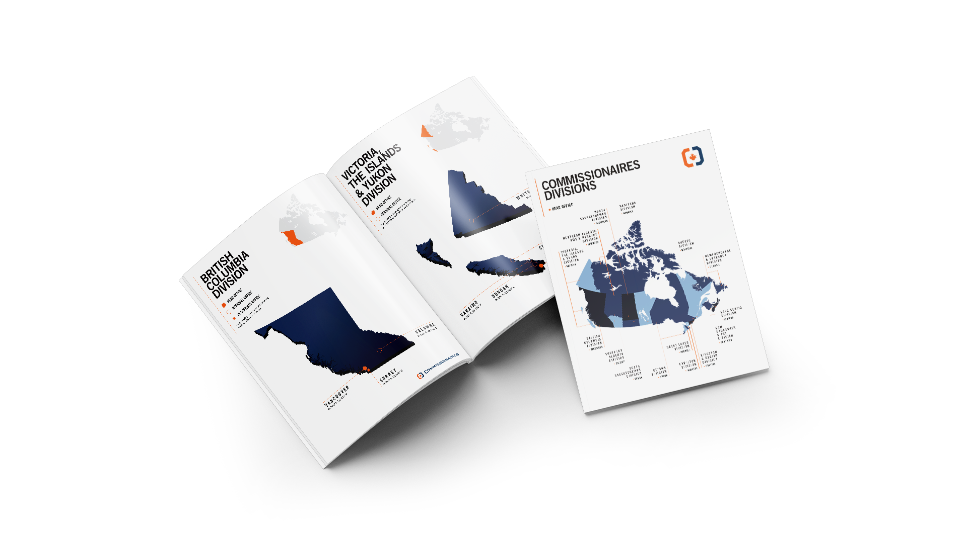 Open book spread of the BC, Victoria, the Islands, and Yukon Division with the Canada divisions map on the cover.