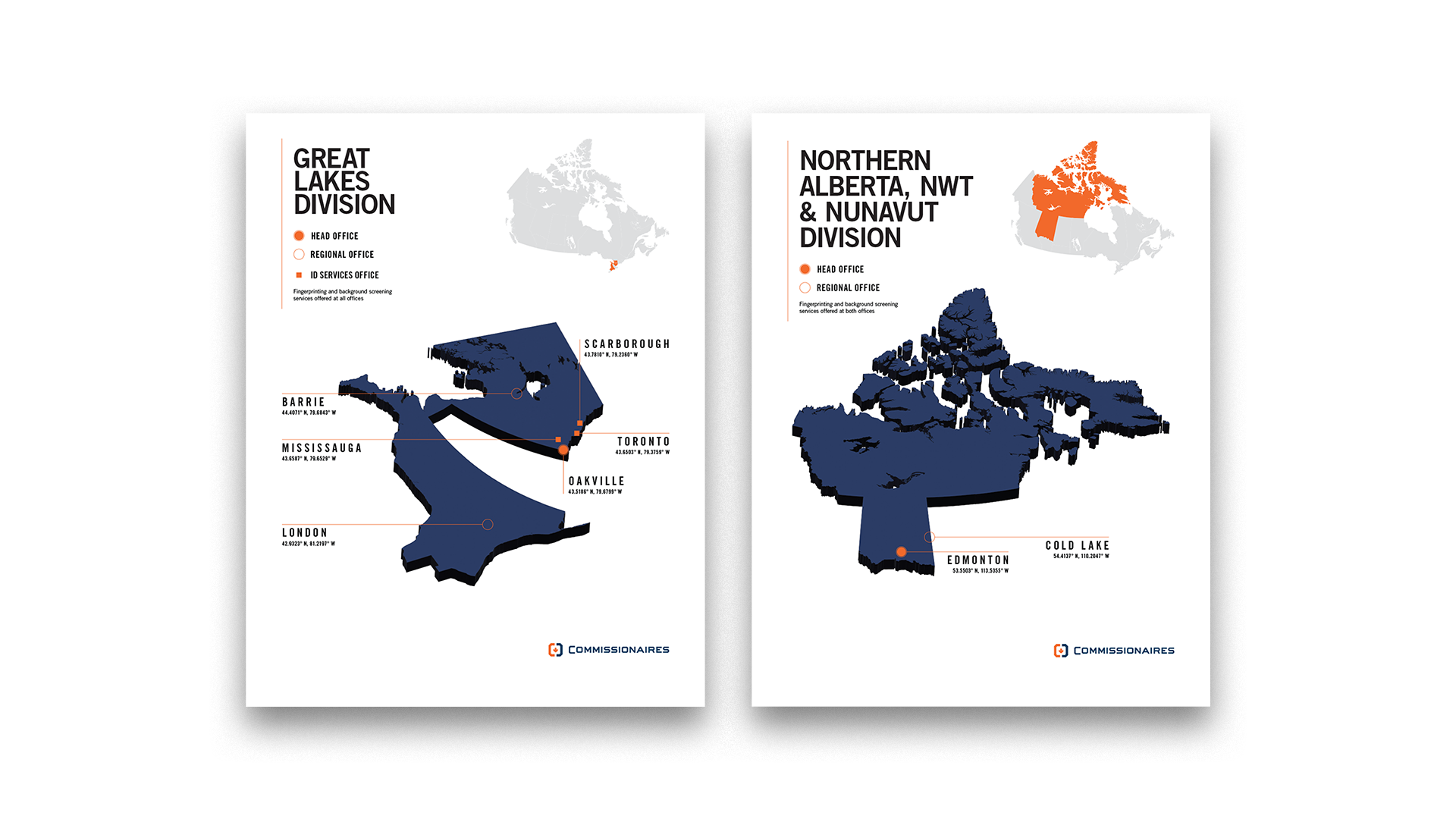 Two letter-sized pages featuring the Great Lakes division and Northern Alberta, NWT, and Nunavut divisions