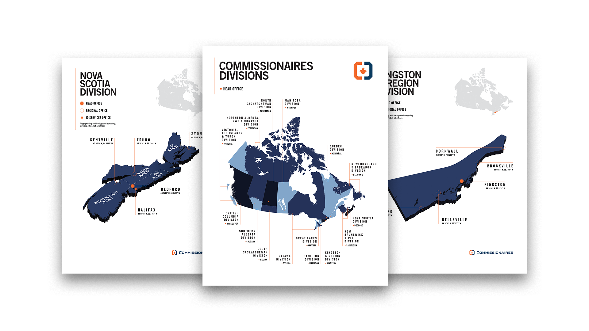 Three letter-sized pages featuring a Canada map of all of the divisions, as well as the Nova Scotia and Kingston divisions.