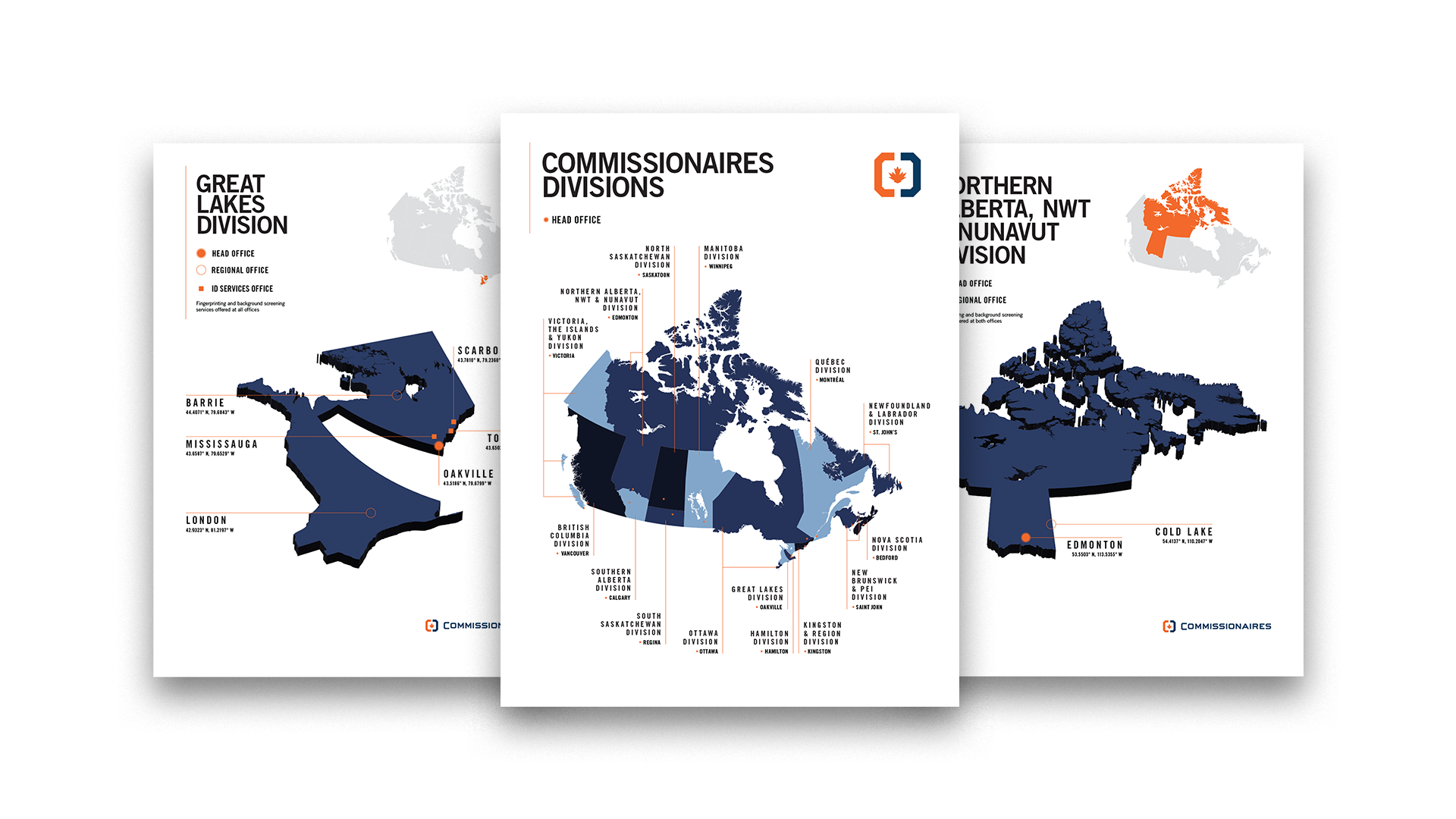 Three letter-sized pages featuring a Canada map of all of the divisions, as well as the Great Lakes and Northern divisions.