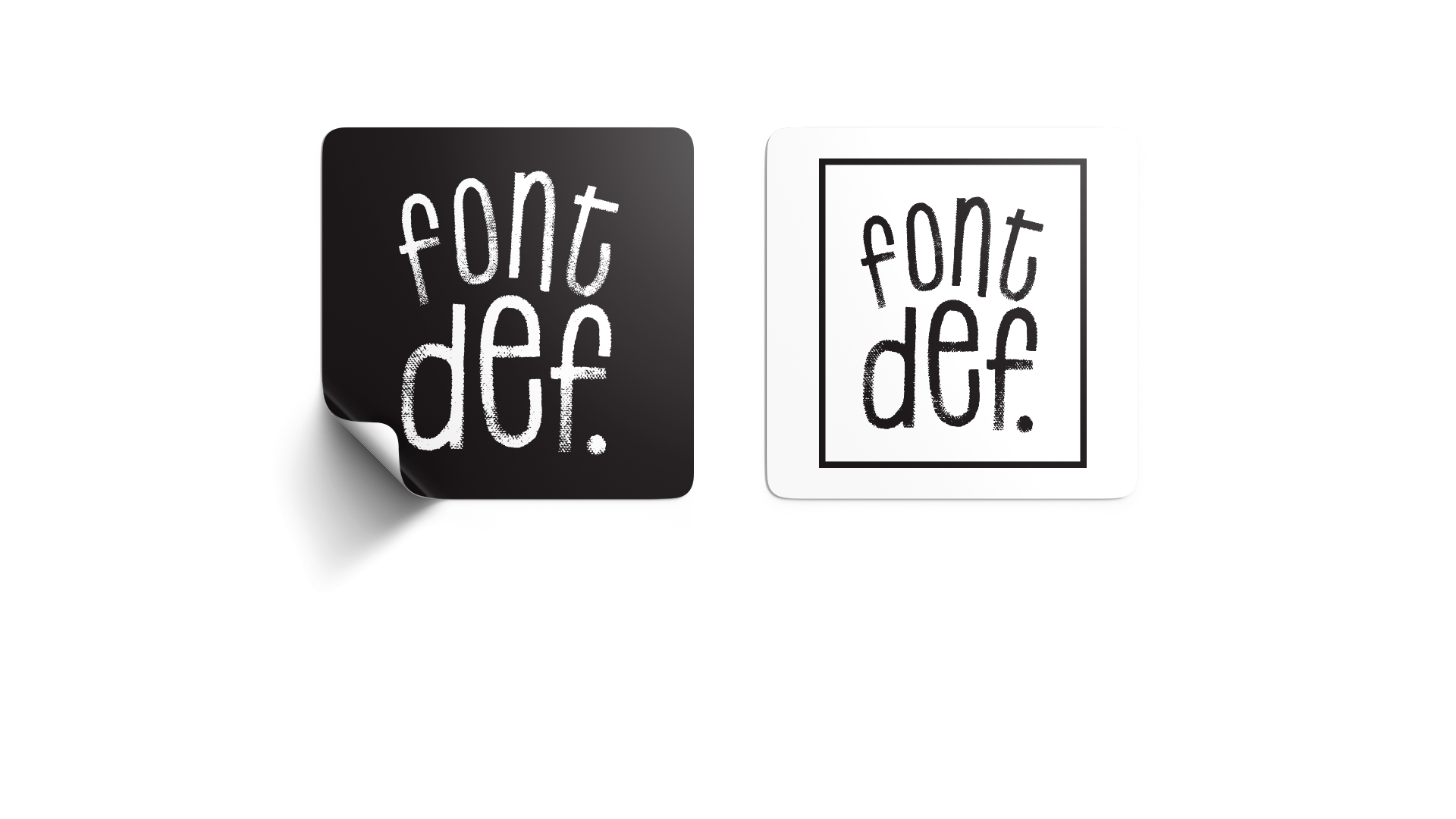 Two Font Def stickers: left sticker black, with white logo, slightly peeling; right sticker white with black logo.