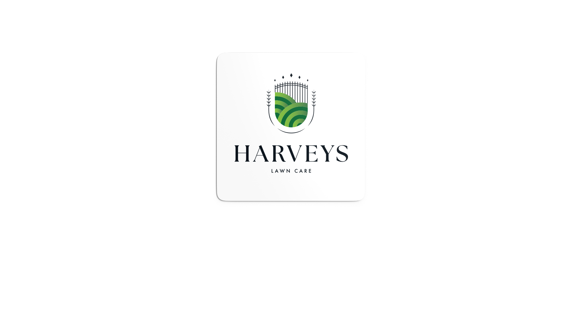 Harvey’s Lawn Care logo in full colour on square sticker with rounded corners white background.