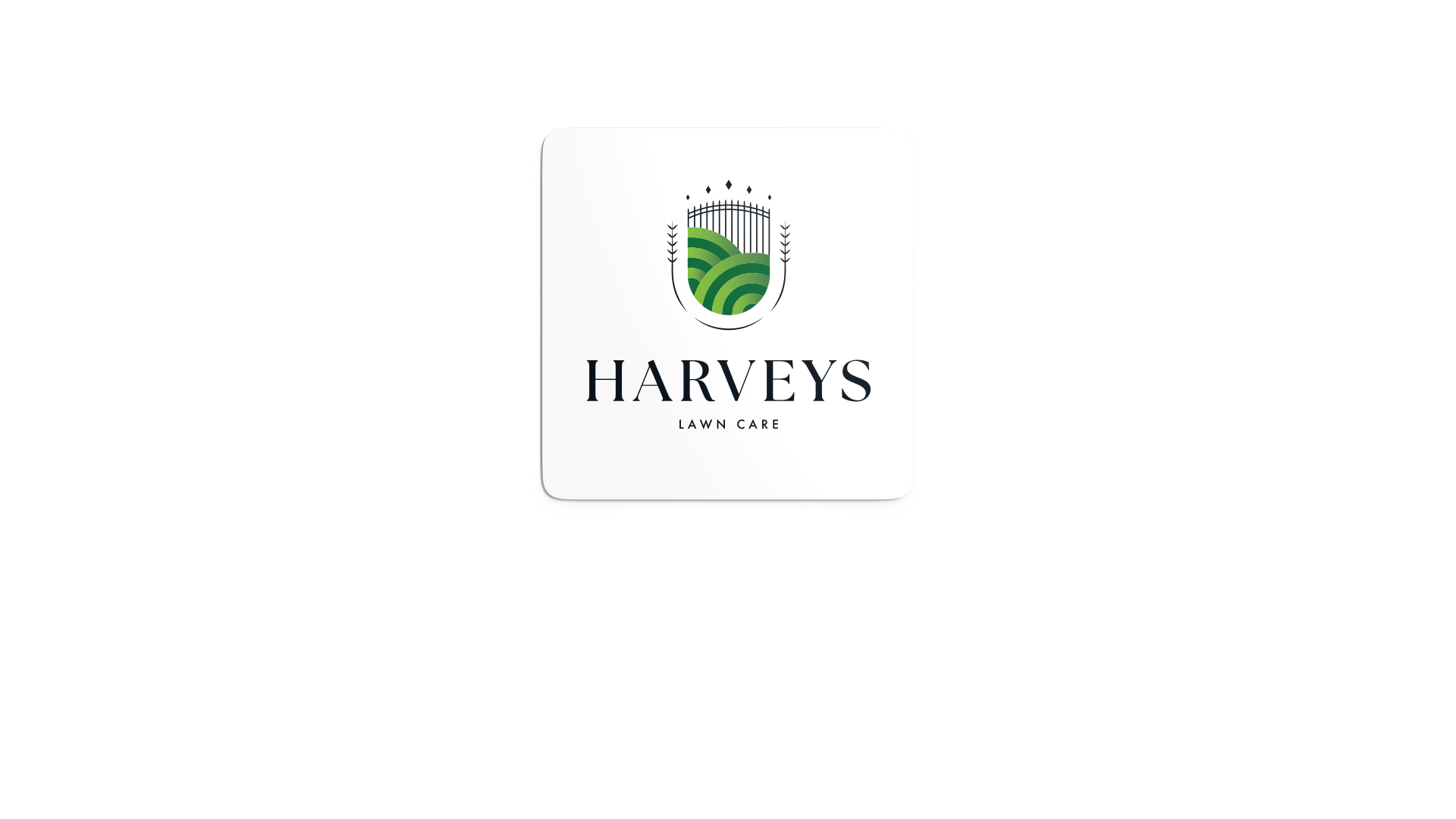 Harvey’s Lawn Care logo in full colour on square sticker with rounded corners white background.