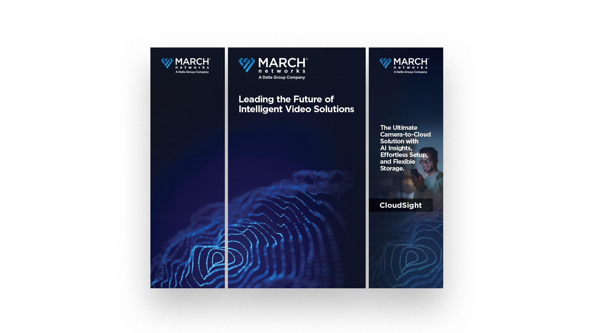 Three panels of the March Networks event booth with informational content and a glowing web image across multiple panels.