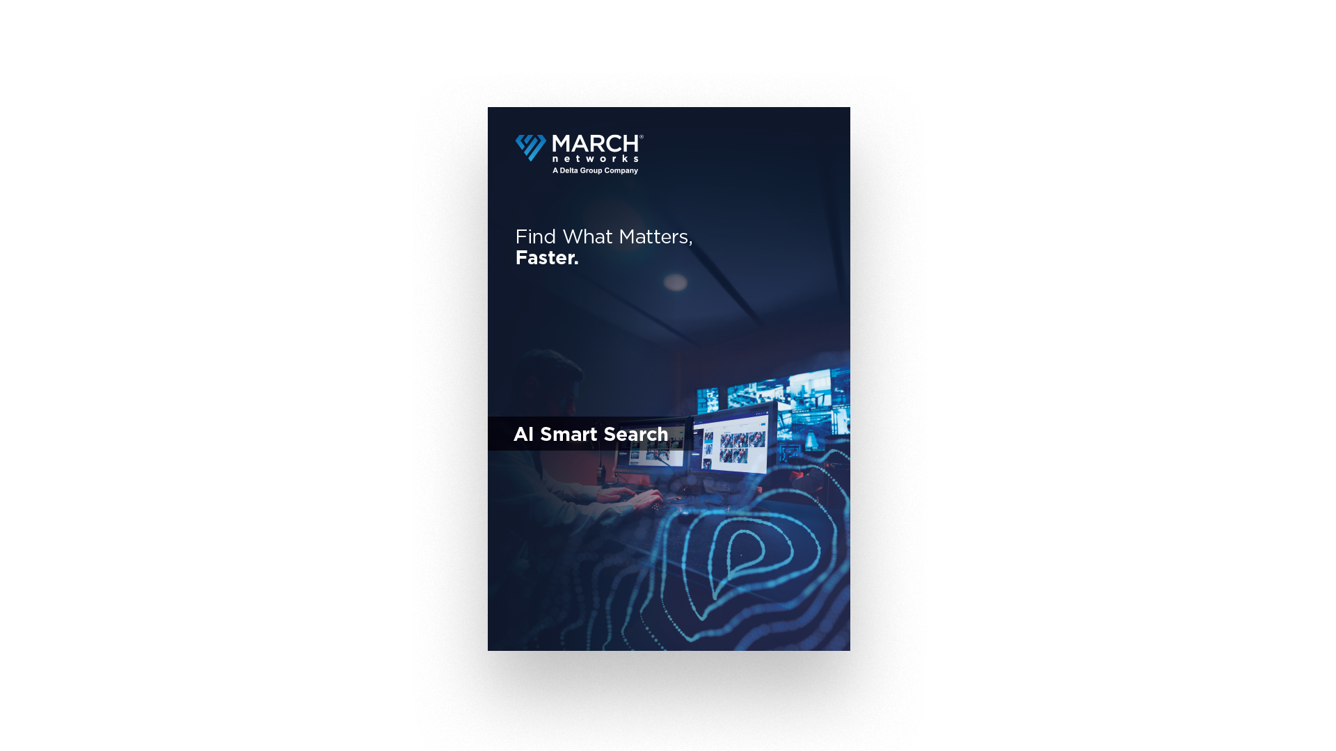 Single booth panel with a glowing web image and a photograph of a person working at a surveillance desk.