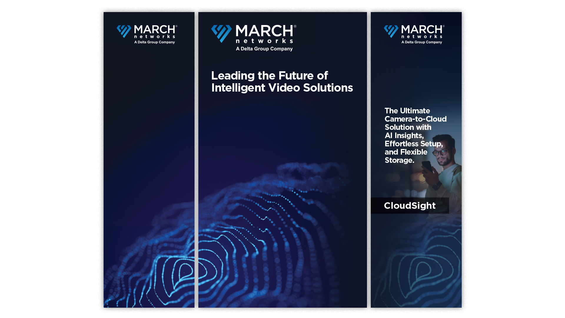 Three panels of the March Networks event booth with informational content and a glowing web across multiple panels.