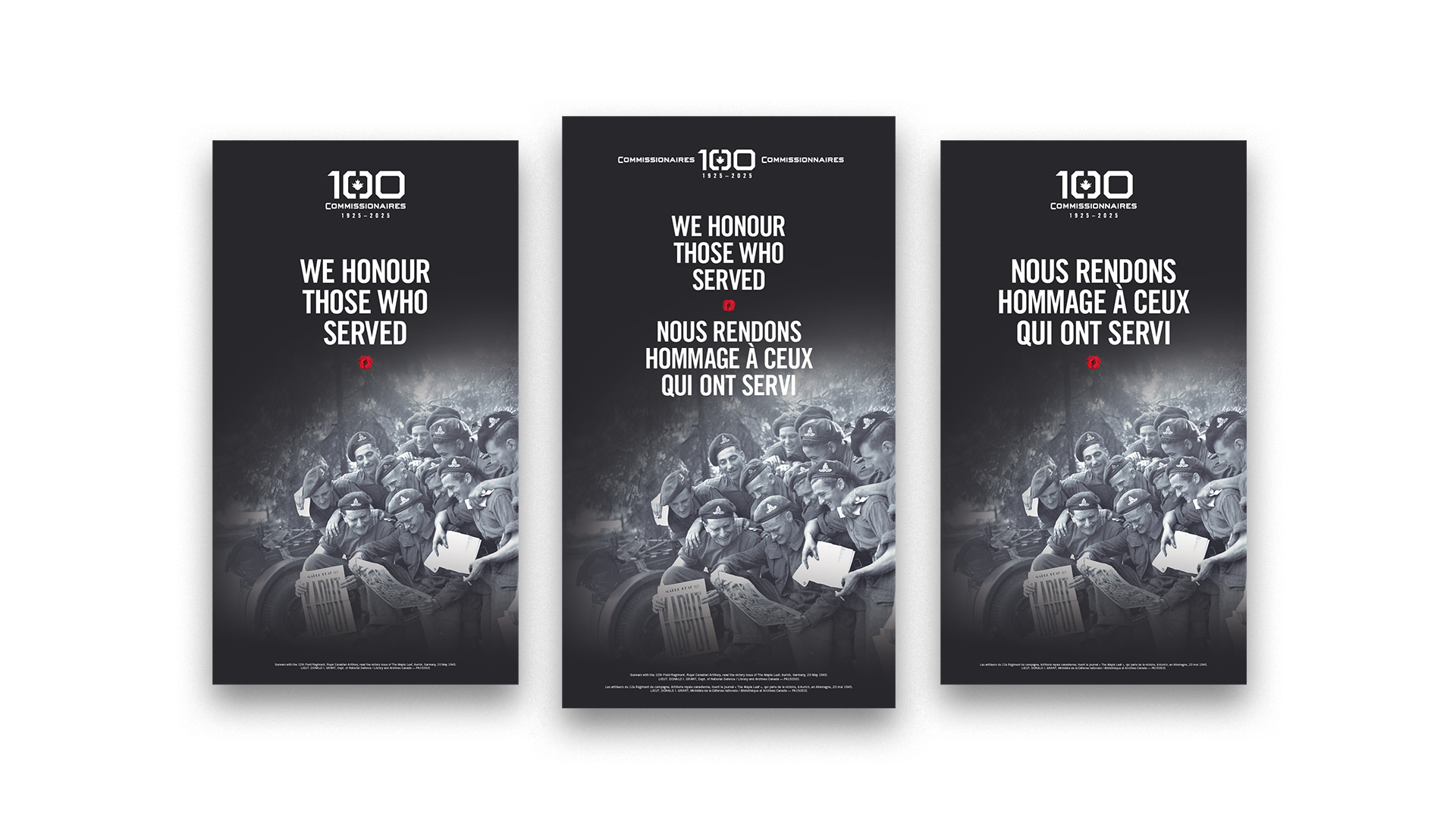 Three banners (Bilingual, English, French) reading "We honour those who served," featuring the 12th Field Regiment Gunners.