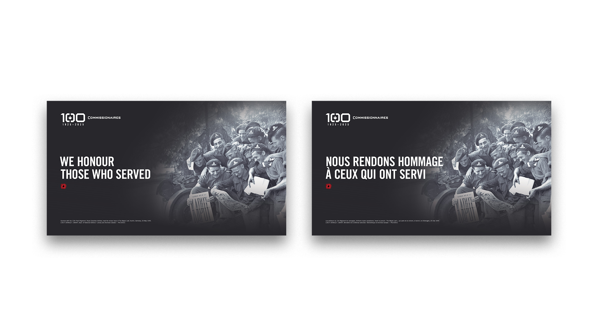 Two horizontal banners (English and French) reading "We honour those who served," featuring the 12th Field Regiment Gunners.