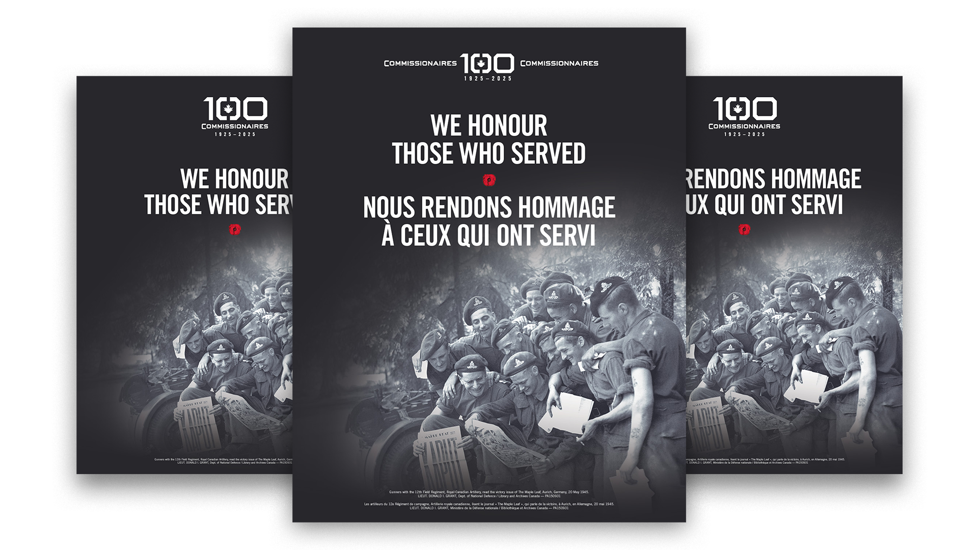 Three posters (Bilingual, English, French) reading "We honour those who served," featuring the 12th Field Regiment Gunners.