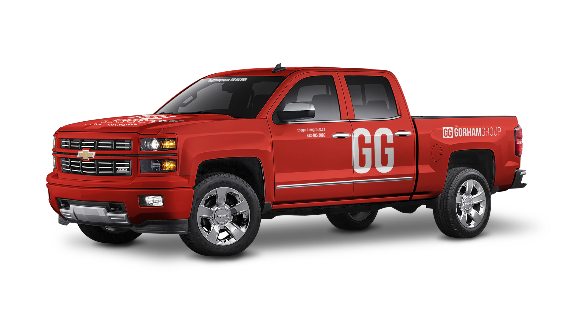 A red truck with Gorham Group vehicle branding in white.