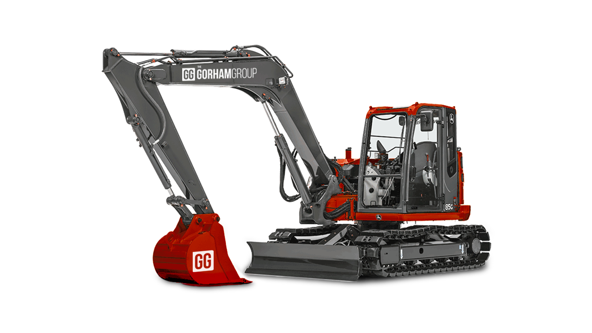 Grey and red excavator with white Gorham Group branded decals.
