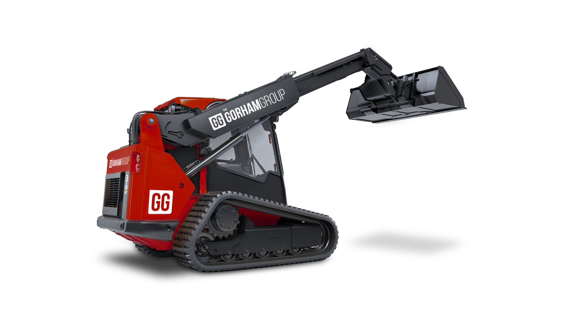 Grey and red compact track loader with white Gorham Group branded decals.