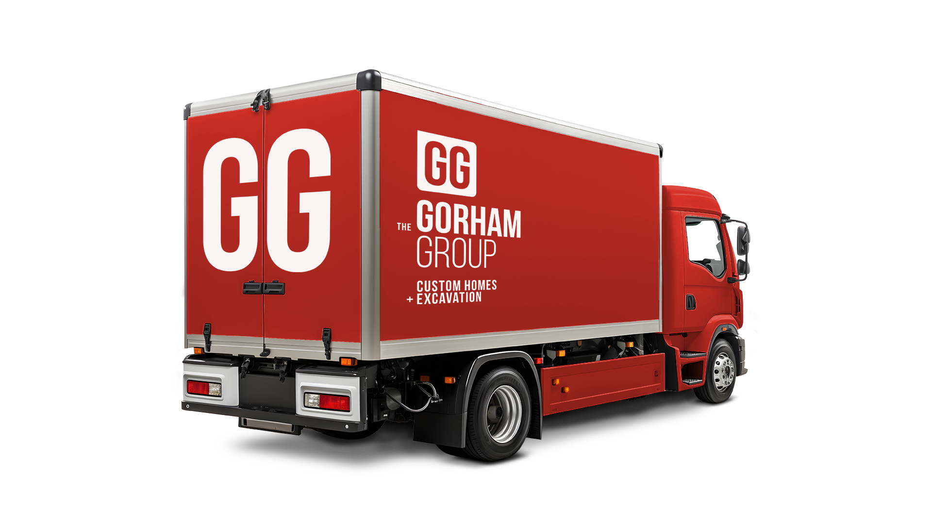 Red box truck with white Gorham Group vehicle branding on the side.