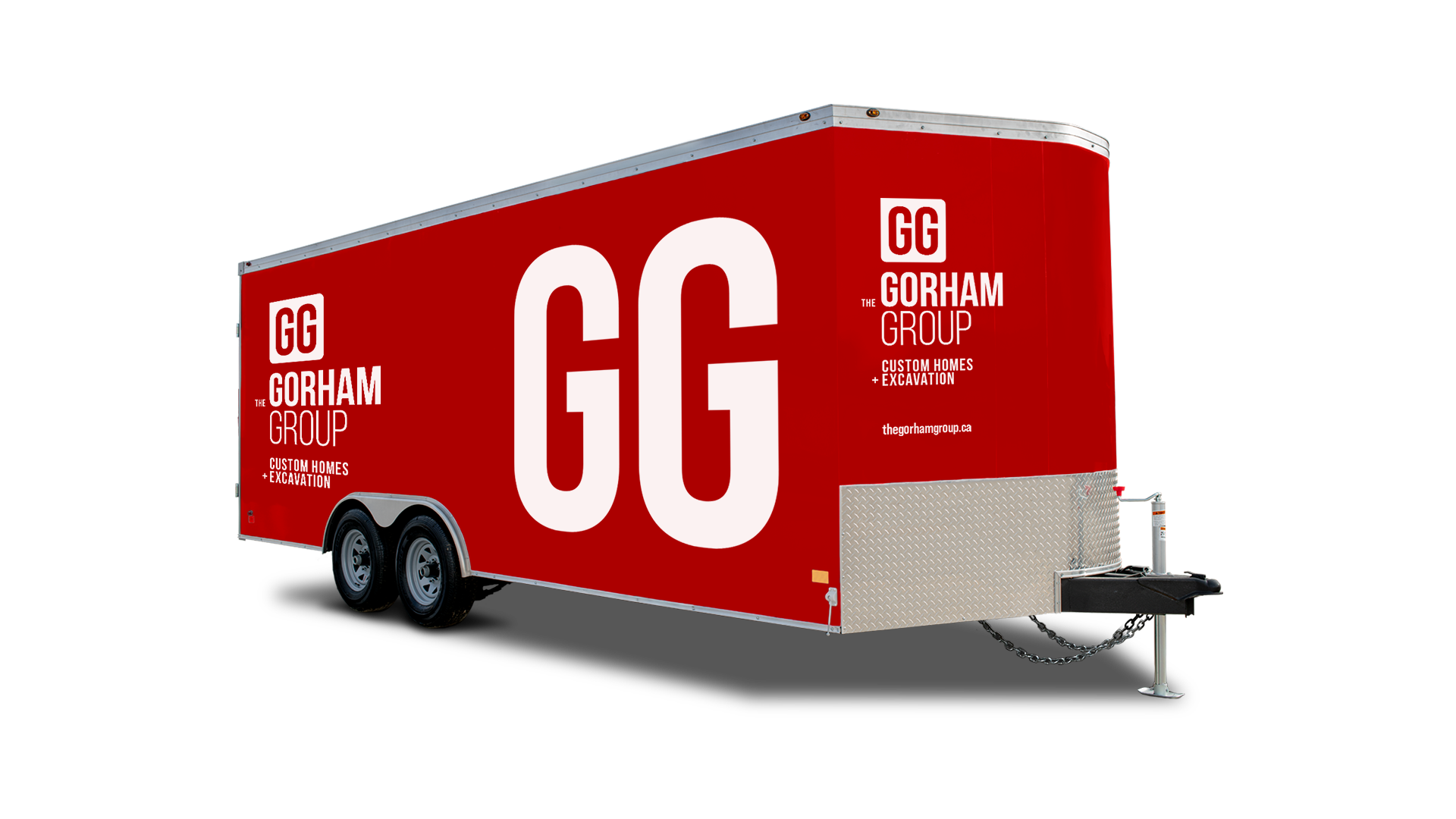 Red enclosed trailer with white Gorham Group branding and contact information on the side.