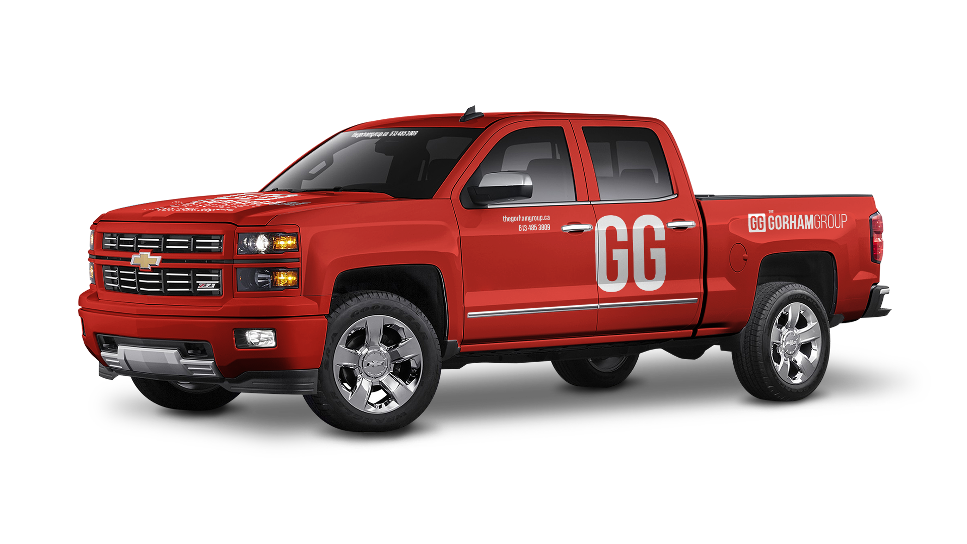 Red truck with white Gorham Group branded decals on the side.