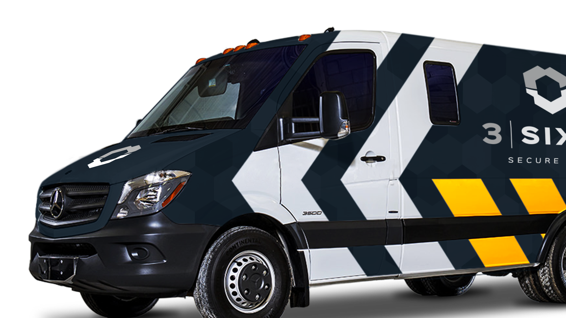 Reinforced navy blue security van with yellow and grey angular graphics and 3Sixty Secure Corp branding on the side.
