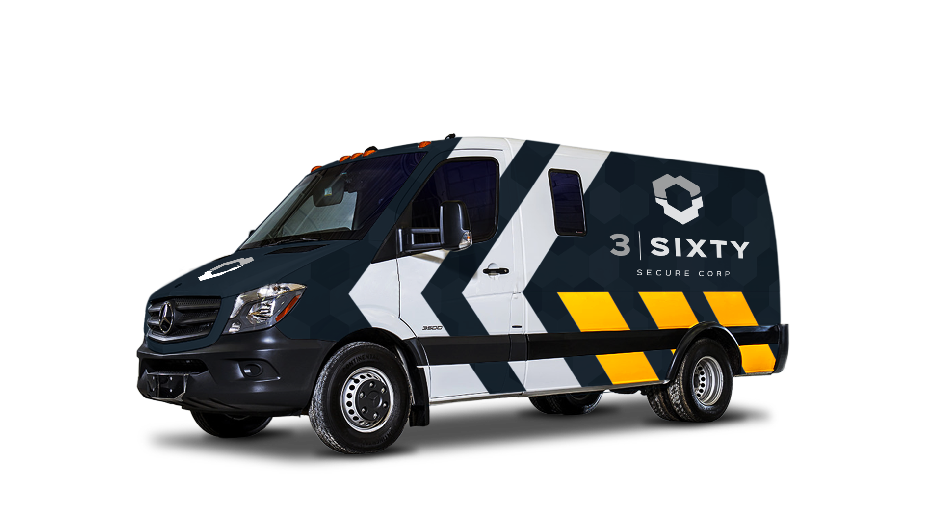 Reinforced navy blue security van with yellow and grey angular graphics and 3Sixty Secure Corp branding on the side.