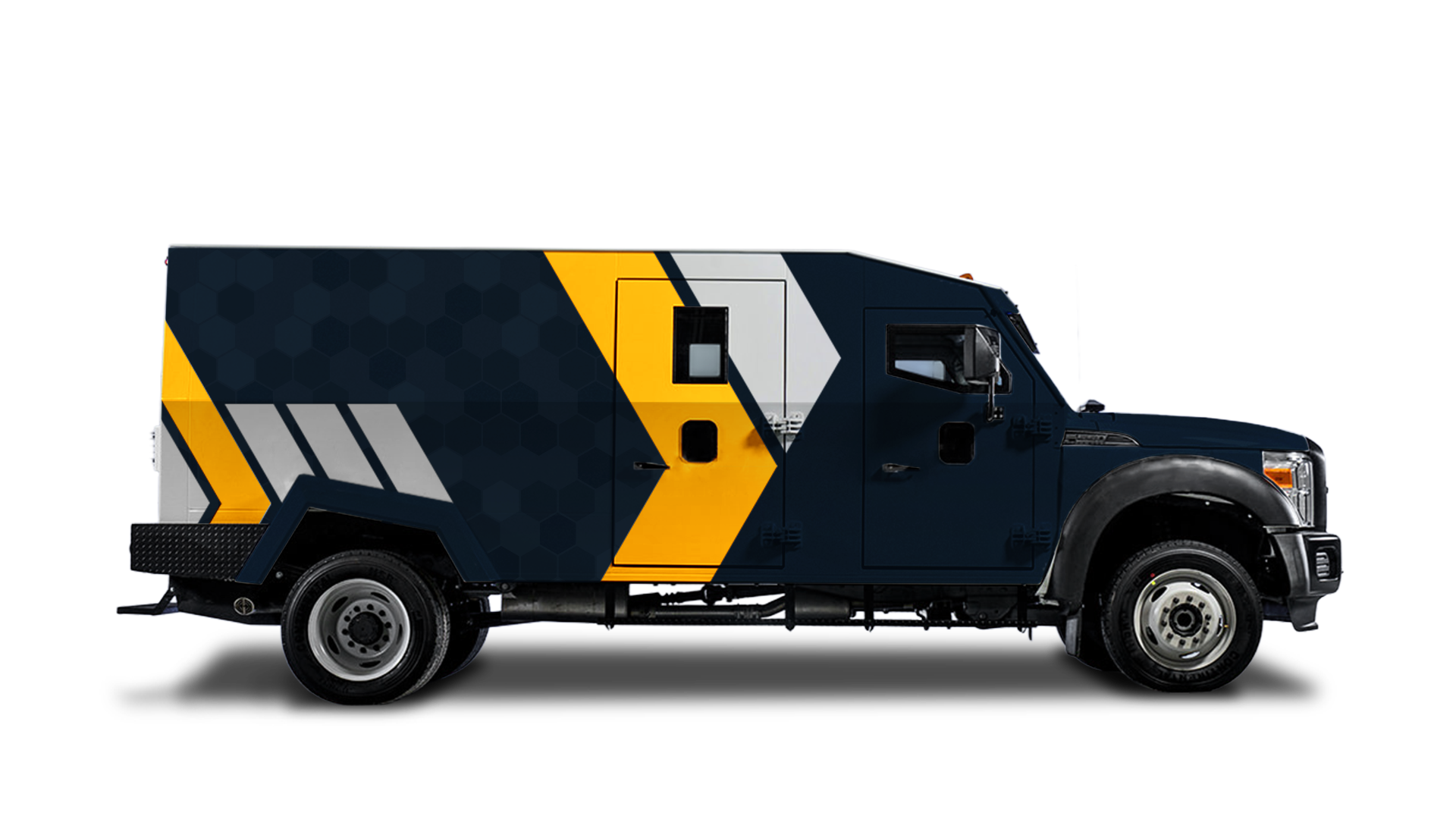 A navy blue armoured vehicle with yellow and grey angular graphics on the side.