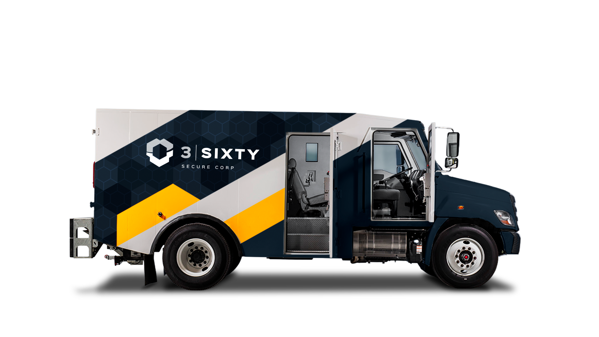 Armoured vehicle with blue, yellow, and grey angular graphics and white 3Sixty branding on the side.