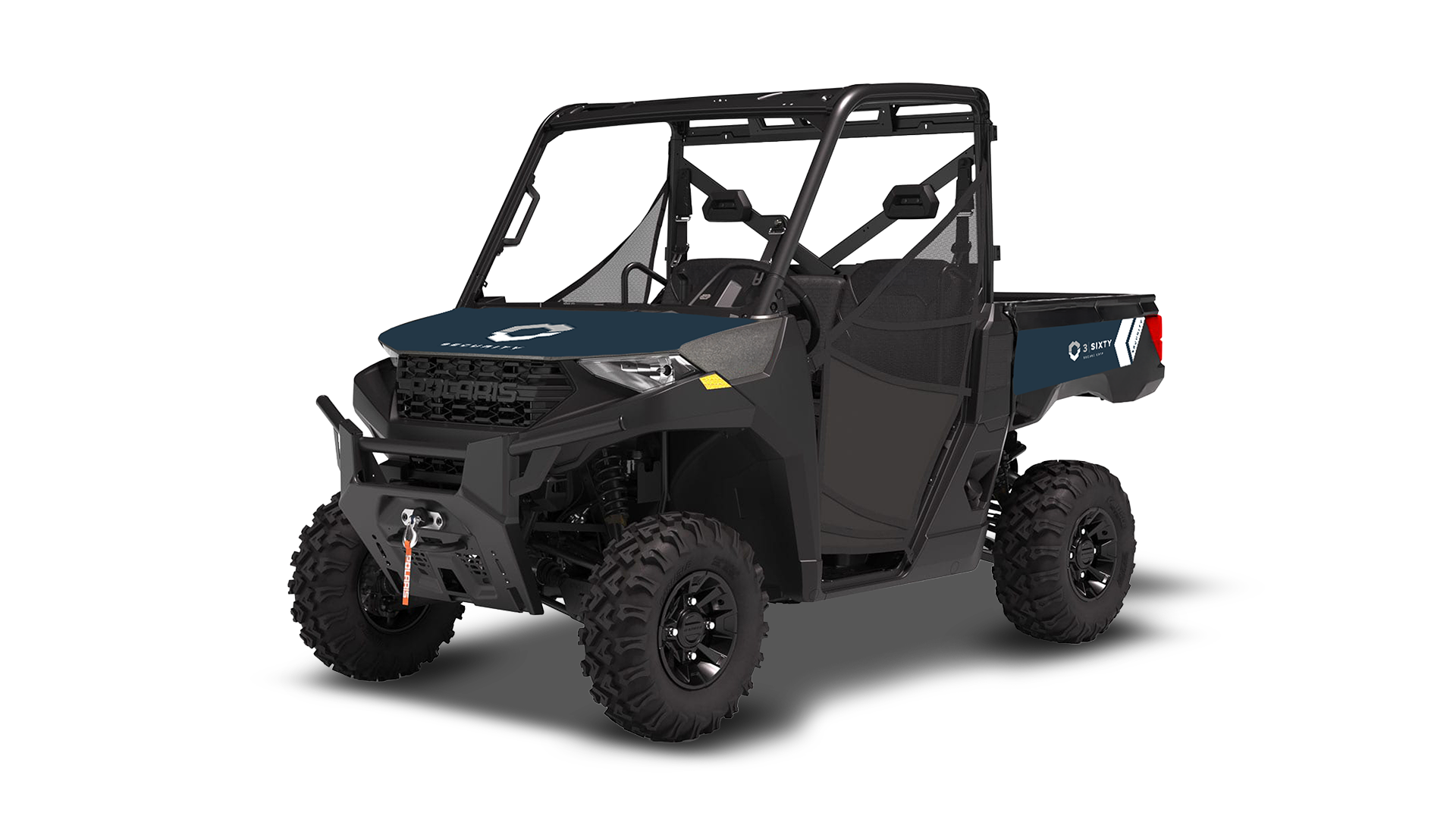Off-road side-by-side utility vehicle with navy body panels and 3Sixty Secure Corp branding in white.