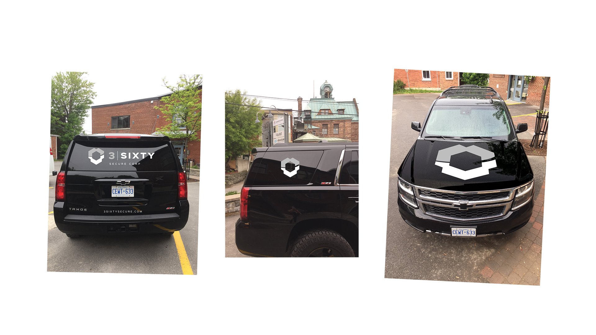 3 Photographs at various angles of a black full-size SUV with 3Sixty vehicle branding.
