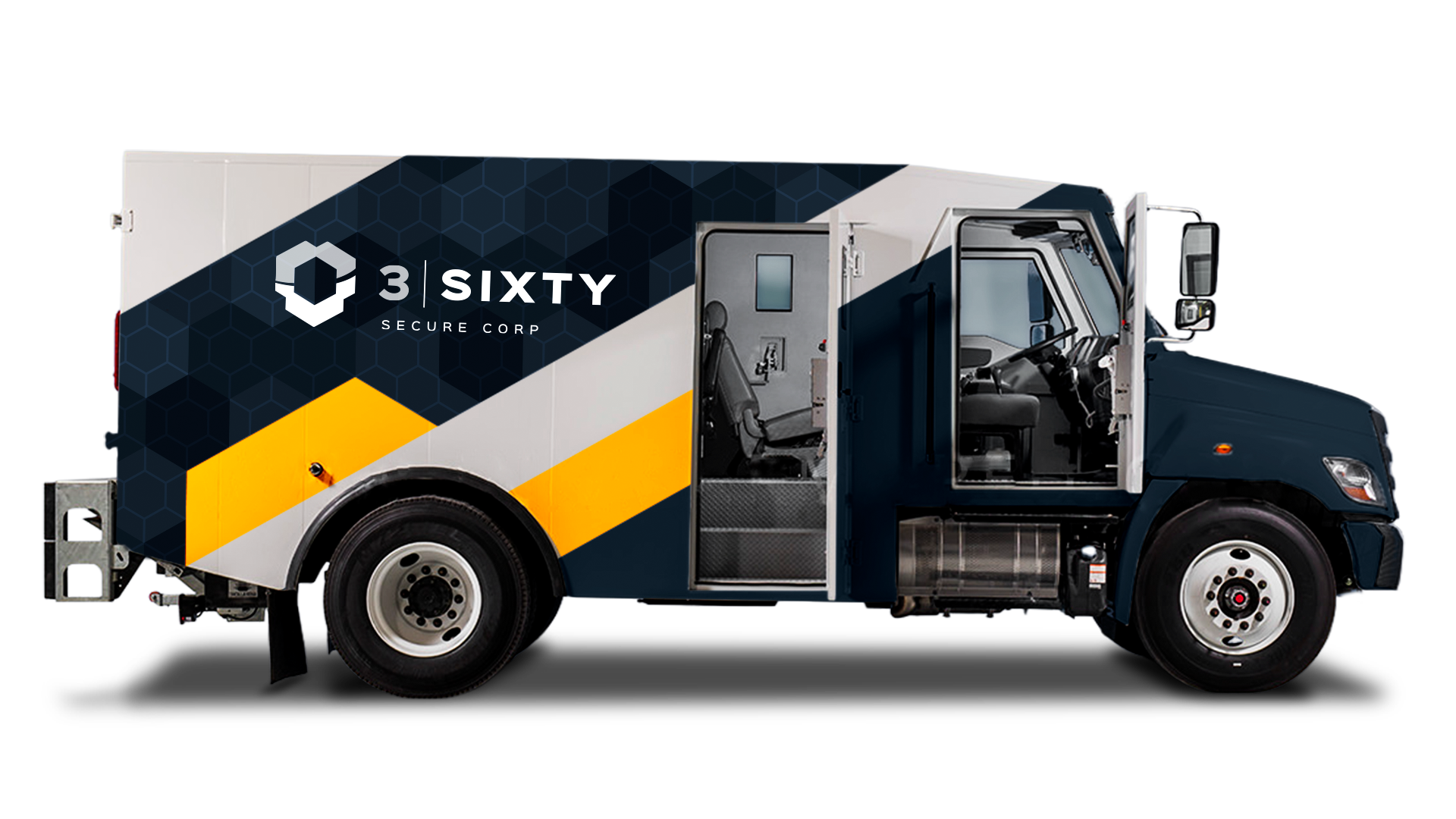 Armoured vehicle with blue, yellow, and grey angular graphics and white 3Sixty branding on the side.