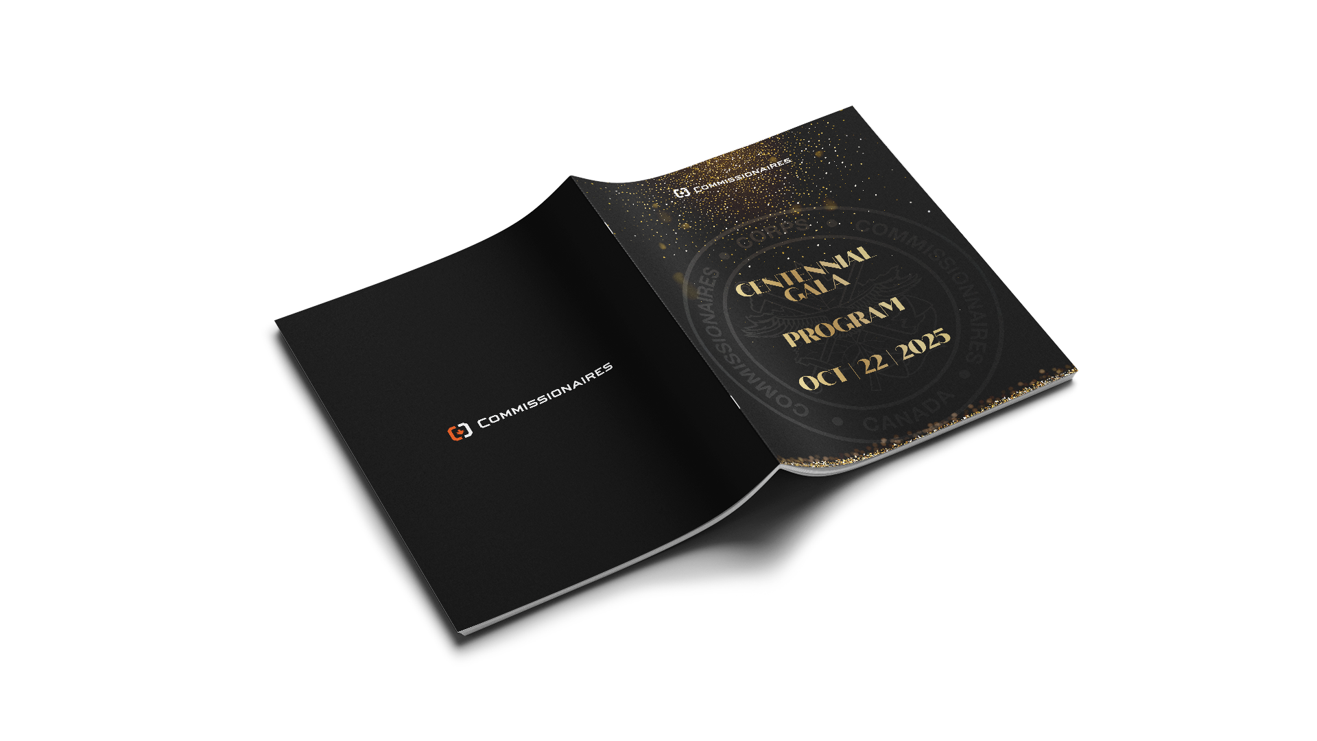 Centennial Gala program facedown, showing front and back covers. Both have black-and-gold designs; front features title and date in gold, back shows the Commissionaires logo in white.