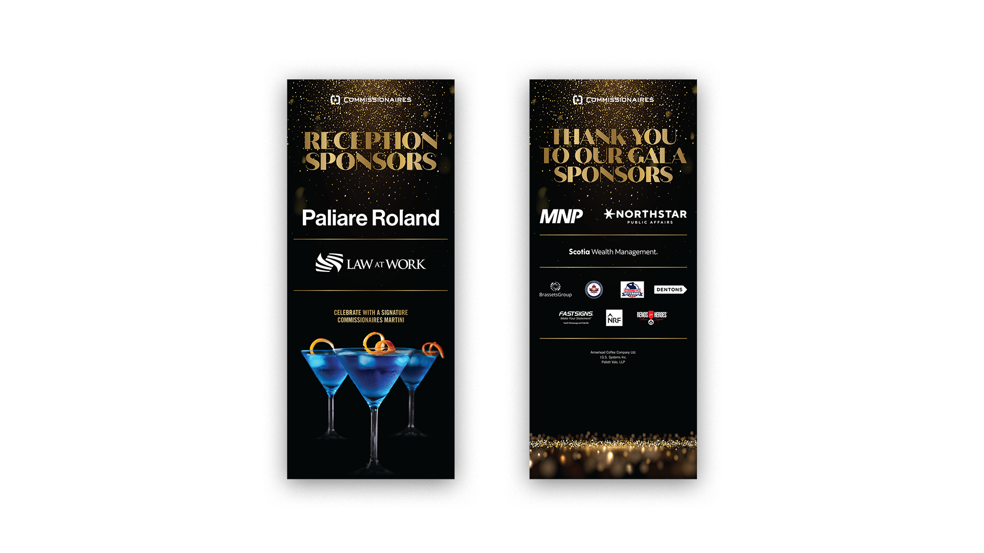 Two black-and-gold vertical banners: one with the blue Commissionaires cocktail in a martini glass, the other with sponsor logos.
