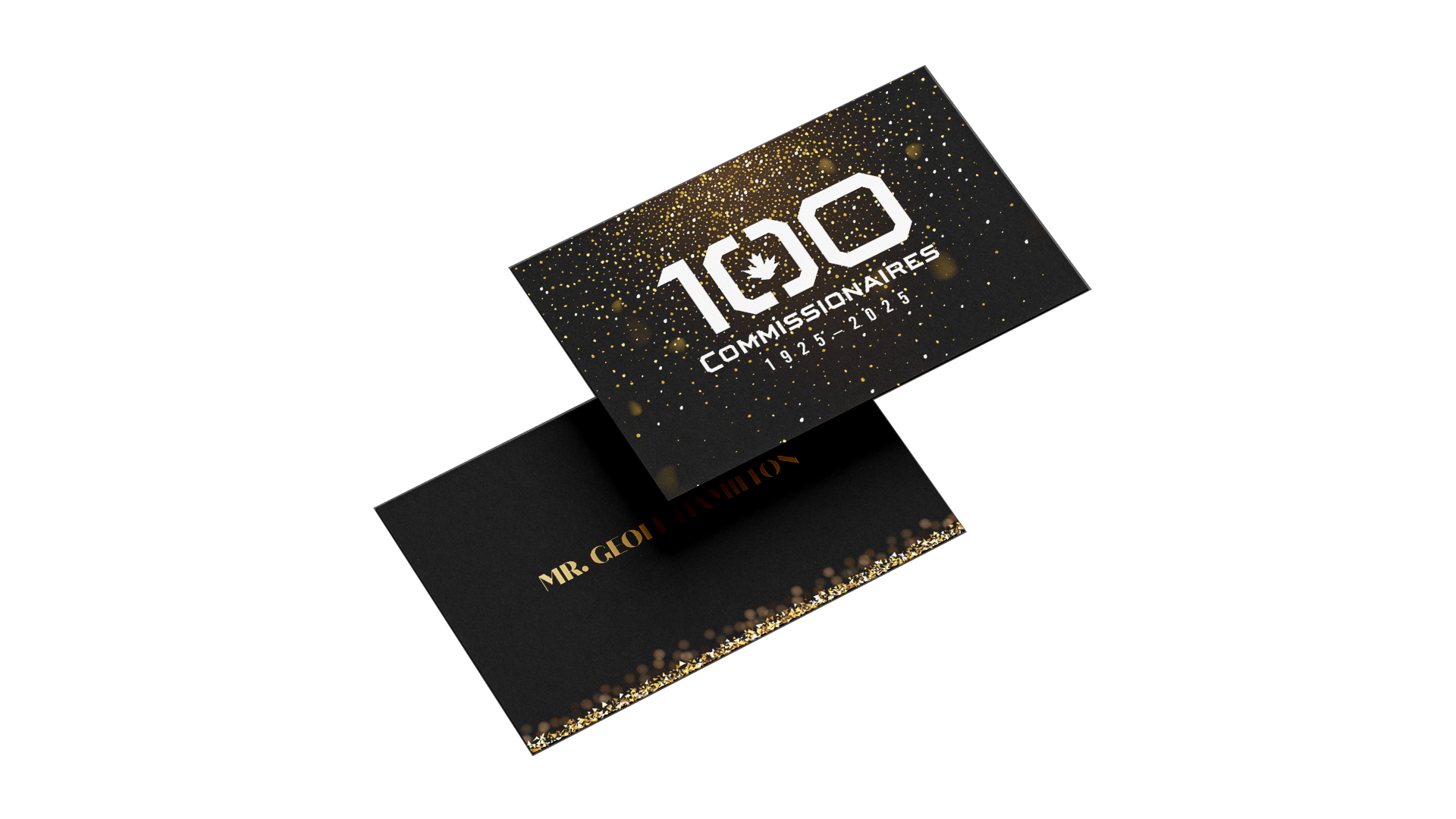 Black and gold place card with guest name in gold on one side and the white Commissionaires centennial logo on the reverse.