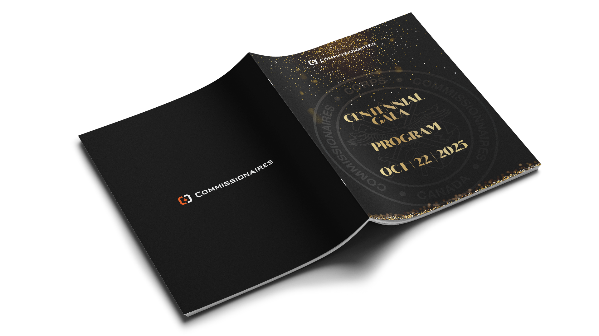 Centennial Gala program facedown, showing front and back covers. Both have black-and-gold designs; front features title and date in gold, back shows the Commissionaires logo in white.