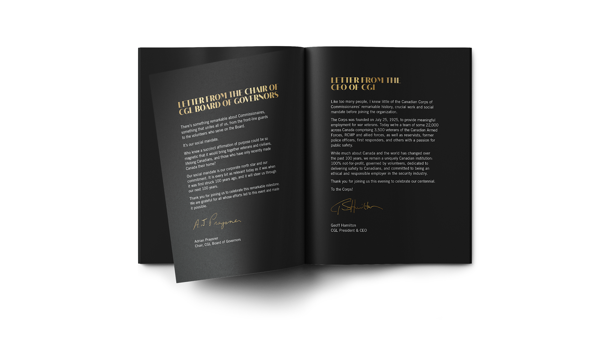 Open program spread featuring letters from the board of directors and the CEO with gold foil text accents.