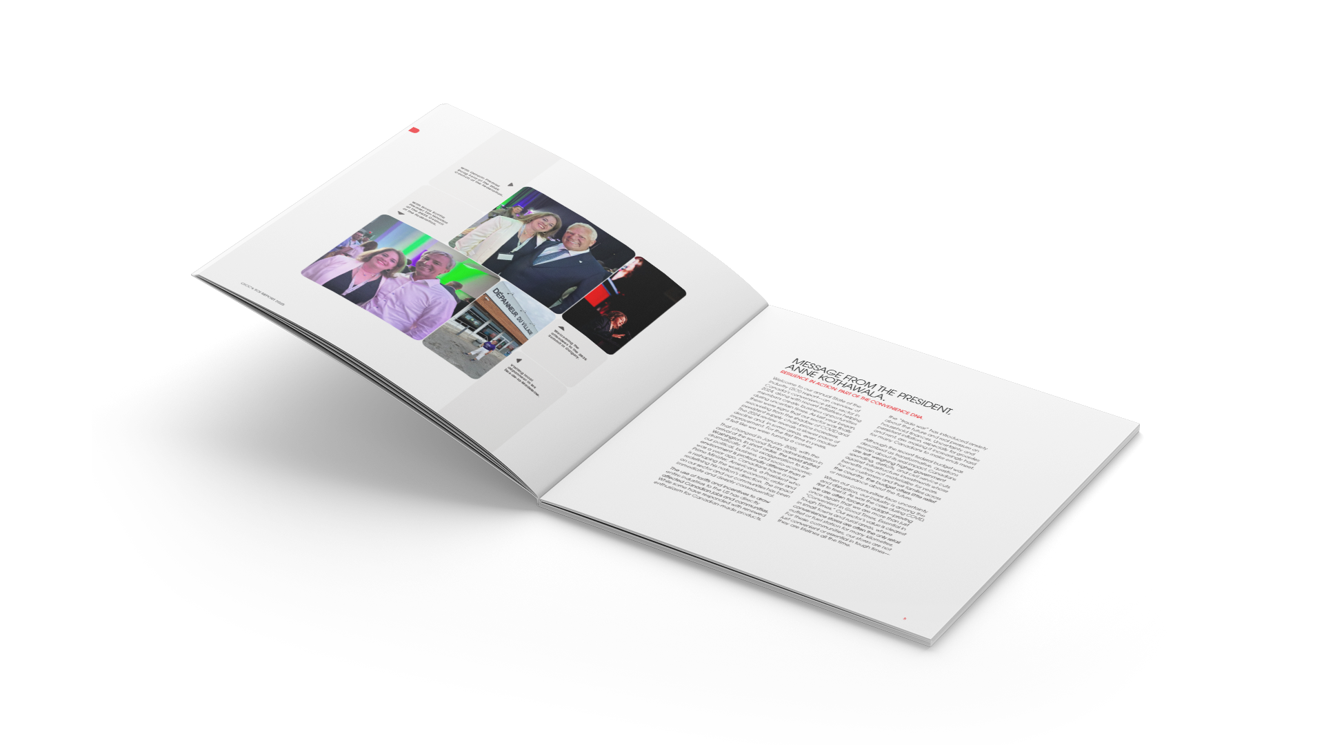 Clean white report spread with photos on the left page, and a message from the president on the right.