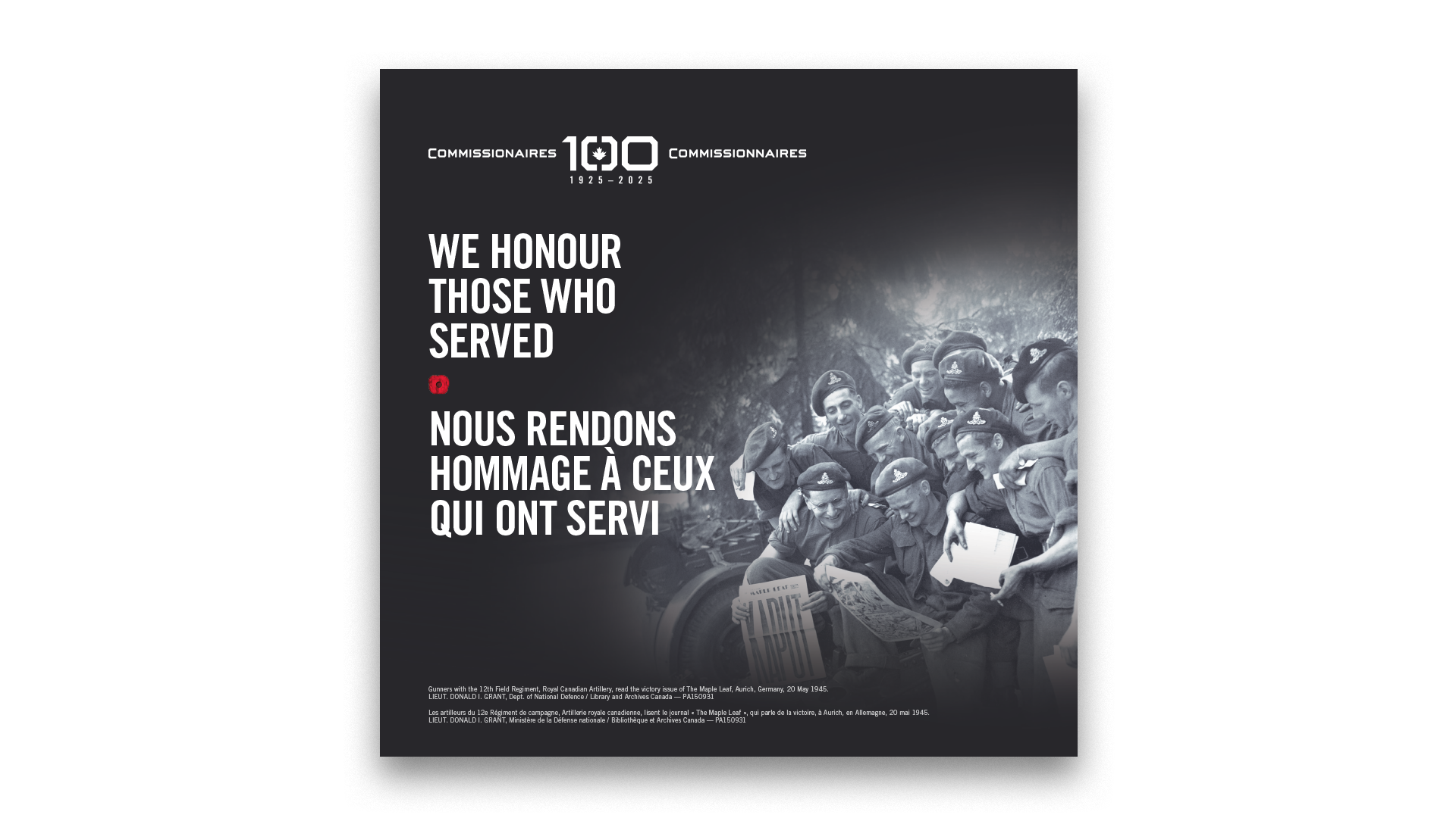A square format Bilingual poster reading "We honour those who served," featuring the 12th Field Regiment Gunners.