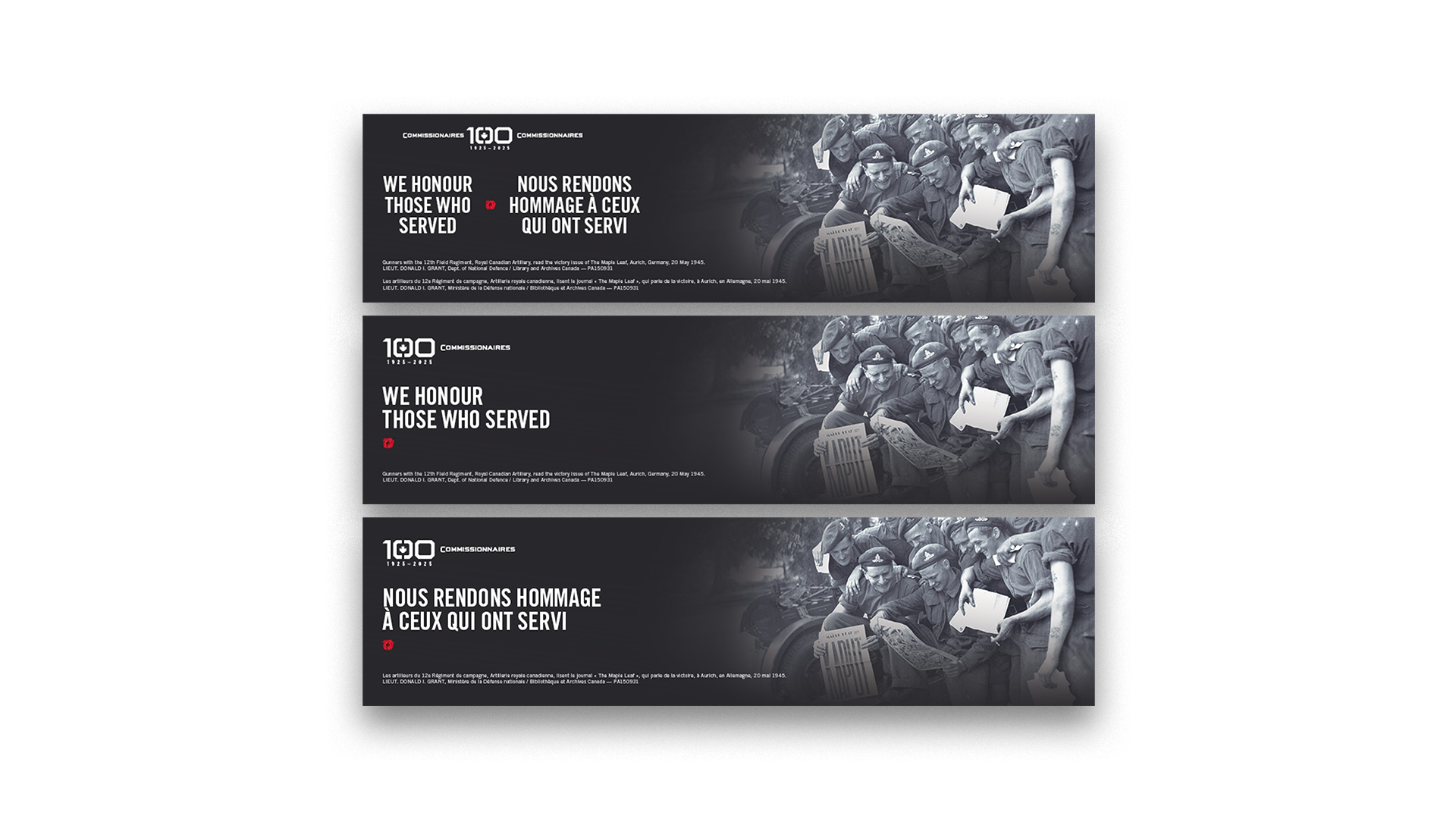 Three horizontal banners (Bilingual, English, French) with "We honour those who served," and 12th Field Gunners.