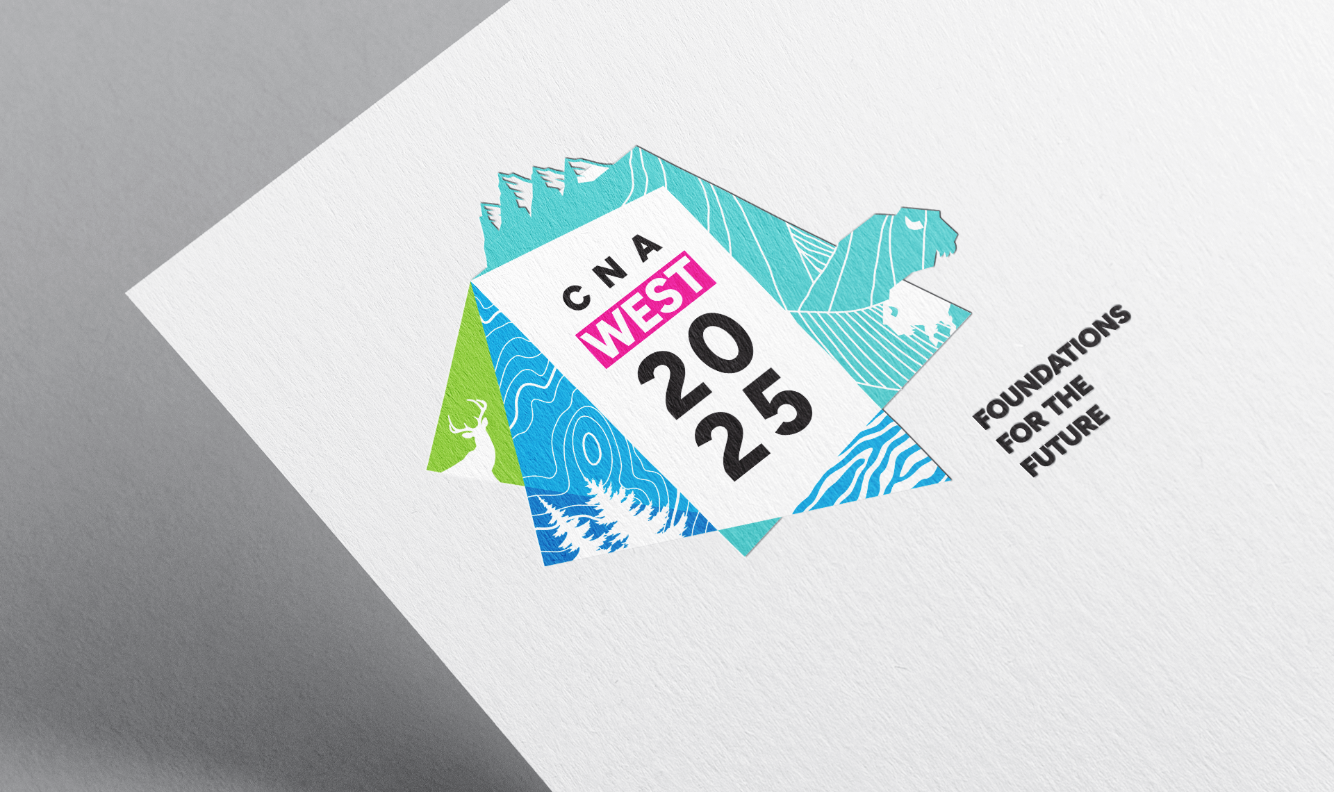 CNA West 2025 conference identity in full colour, positioned in the top-left corner of a sheet of paper.