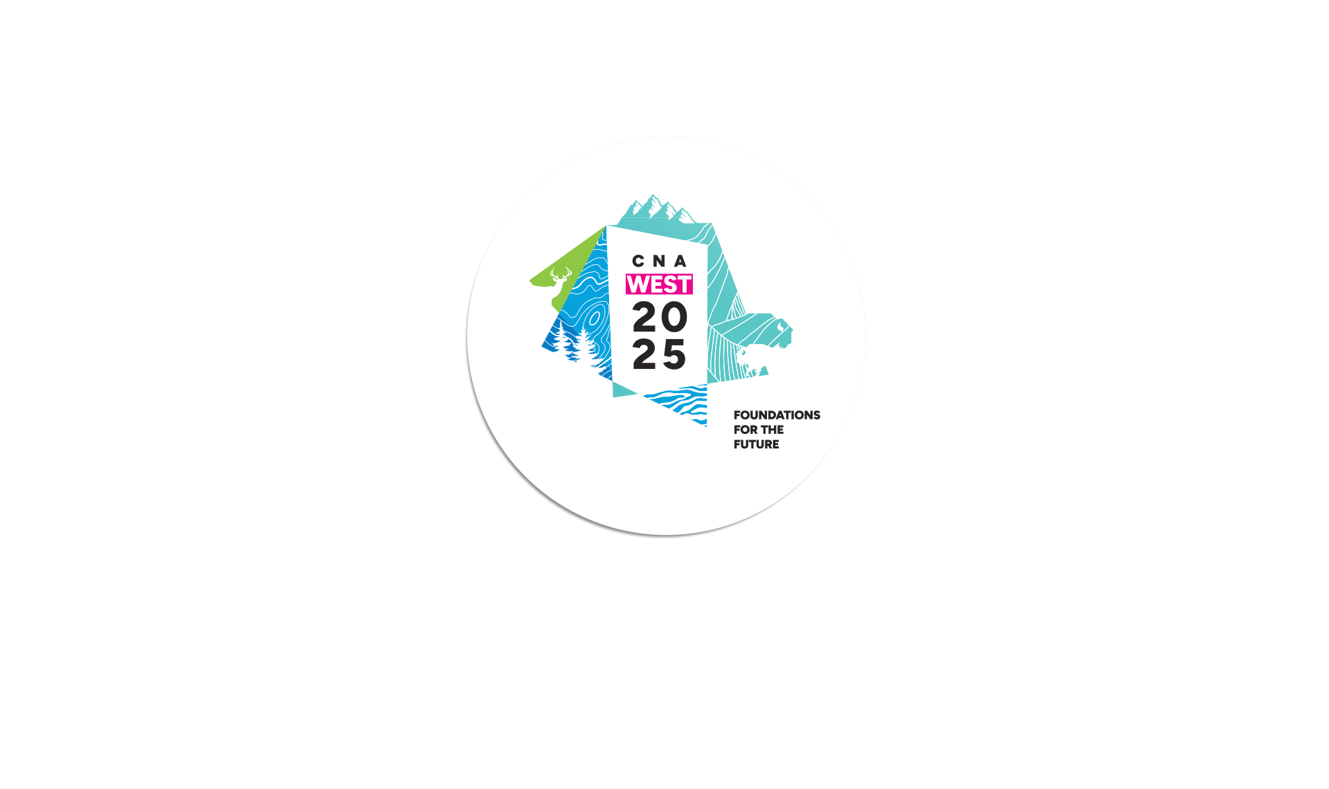 CNA West 2025 conference identity in full colour centred on a white circular sticker.