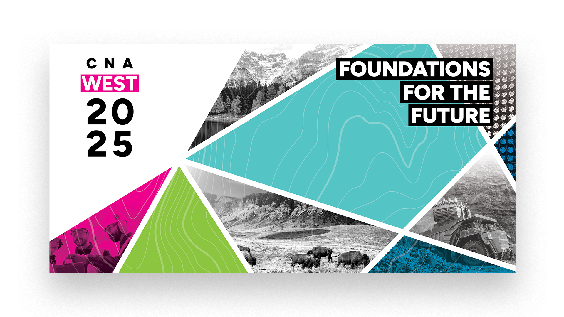 Stage backdrop with CNA West logo on the left, showing the tagline "Foundations for the Future," bold colours, imagery, and angular graphic elements.