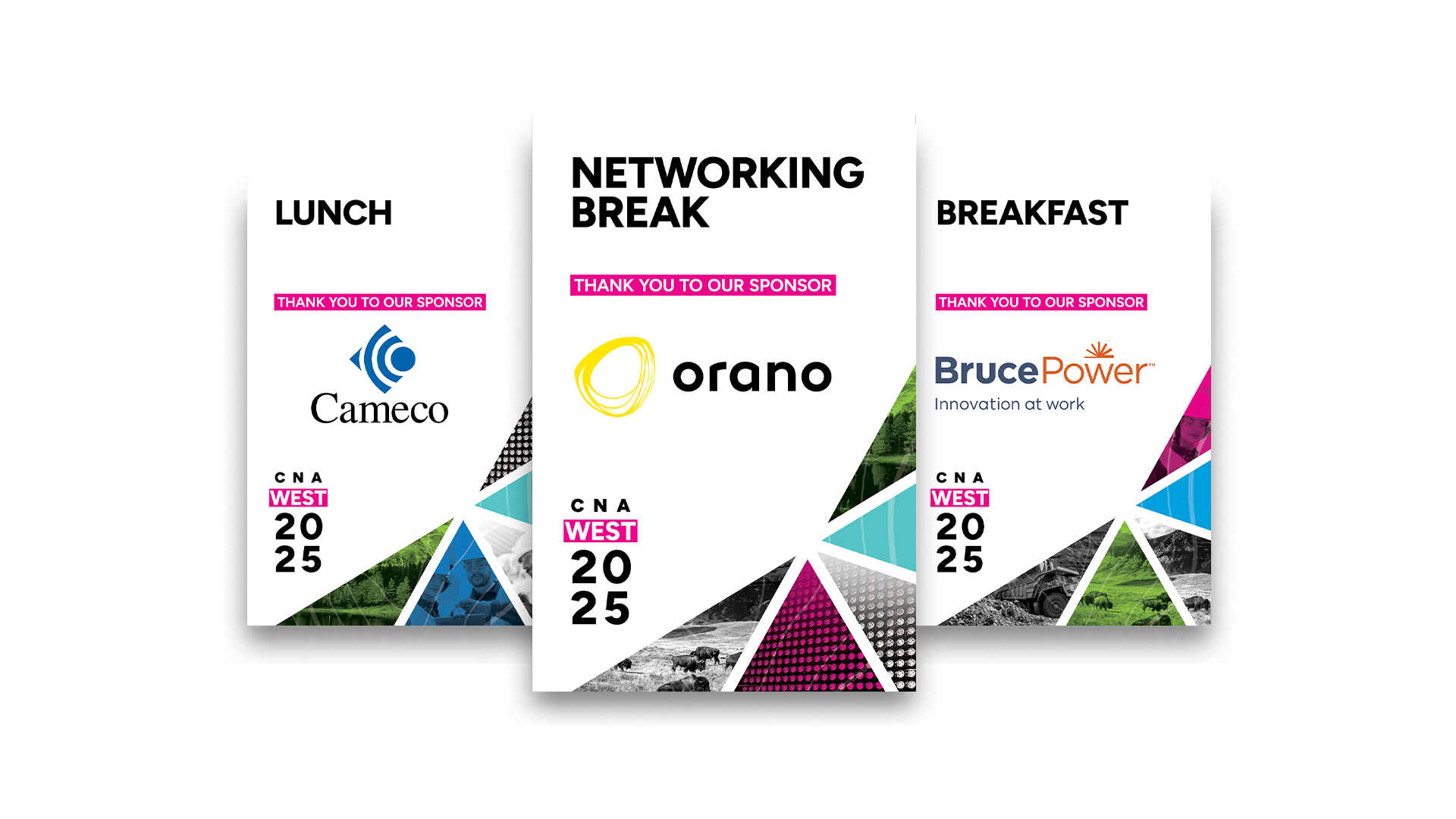 Three A-frame signs for lunch (left), networking break (centre), and breakfast (right), each thanking sponsors and featuring sponsor logos and CNA West branding.