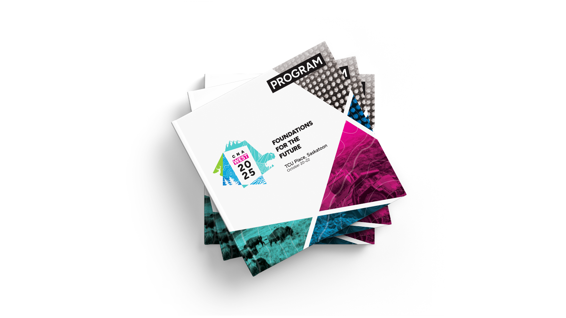 Stack of CNA West conference programs with the logo centred on the cover and angular graphic elements.